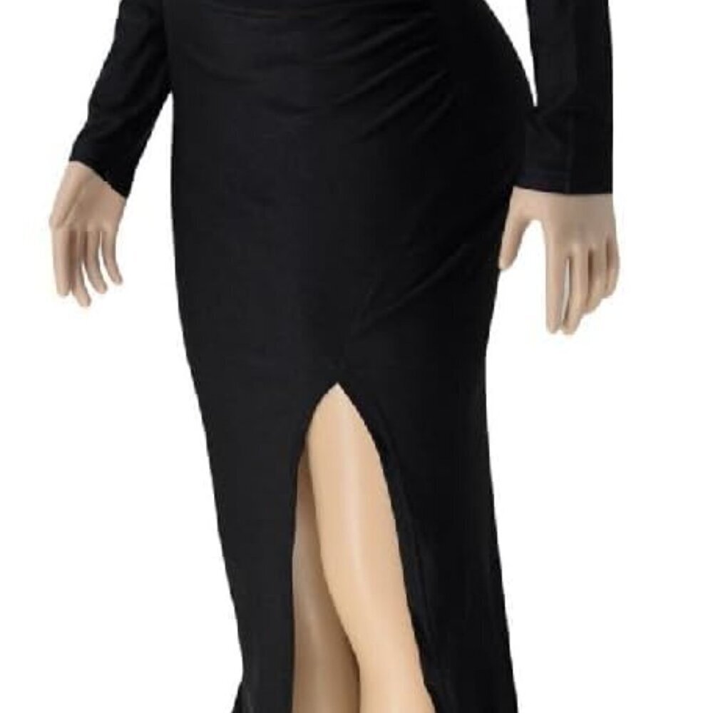 Women's V-Neck Off Shoulder Maxi Dress with Thigh Slit Black Formal - Picture 4 of 5